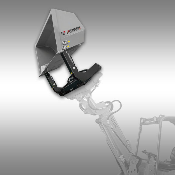 Hoogkiepbak met hydraulisch systeem, 150 cm breed, 500L inhoud en 110 cm extra kiephoogte. Voor efficiënt laden op hoogte.