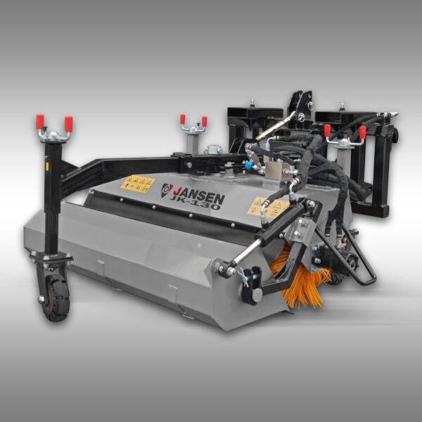 Hydraulisch aangedreven veegmachine van 130 cm breed voor tractoren, laders en heftrucks. Inclusief opvangbak van 105 liter.