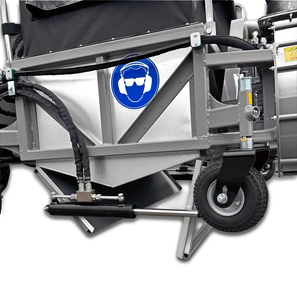 Zijkant van de Jansen LS-8500H met een rubberwiel, een hydraulische cilinder en het pictogram voor gehoorbescherming