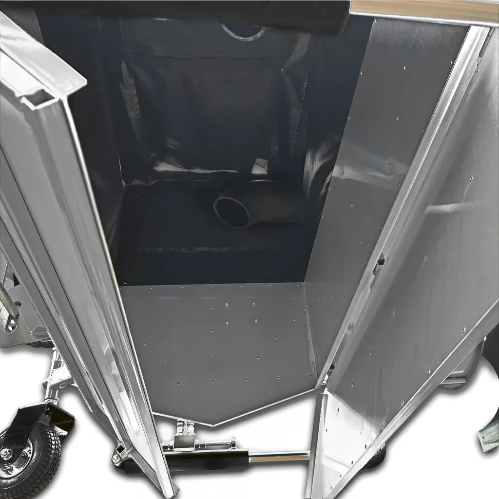 De opvangbak van de Jansen LS-8500H met de achterkleppen open