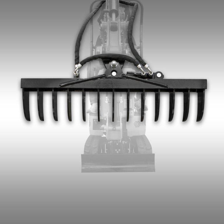 Hydraulisch zwenkbare hark Jansen MB-800 voor minigraver vooraanzicht