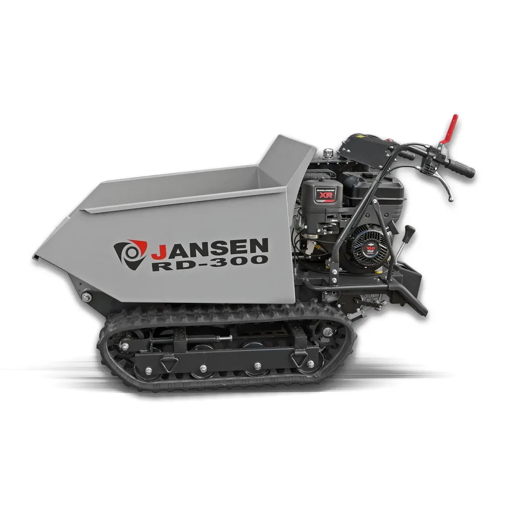 Jansen RD-300 rupsdumper van opzij, met de laadbak boven het rupsonderstel