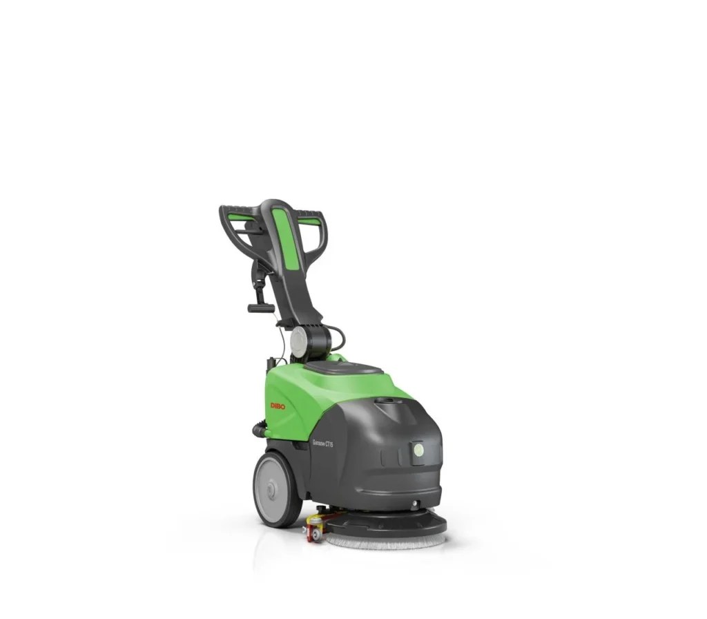 DiBo CT15 schrobmachine van schuin voren, met de duwbeugel omhoog
