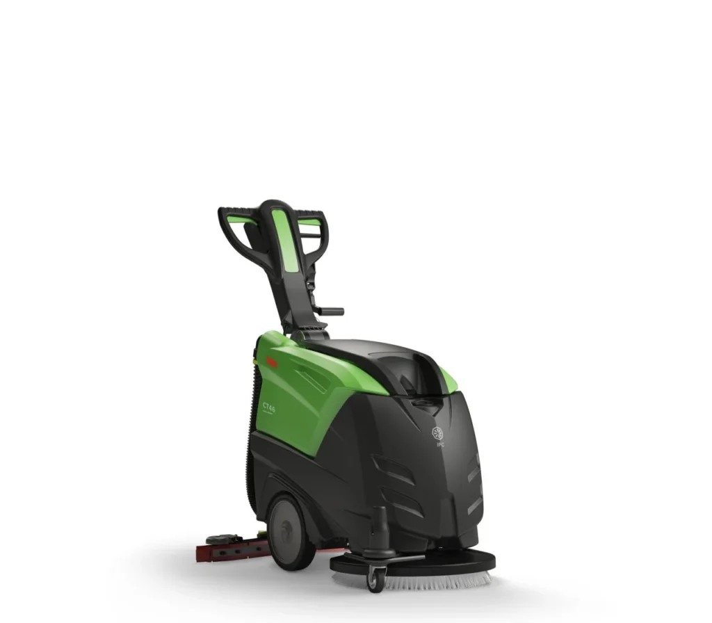 DiBo CT46 schrobmachine van schuin voren, met de duwbeugel omhoog en de schijfborstel voorop