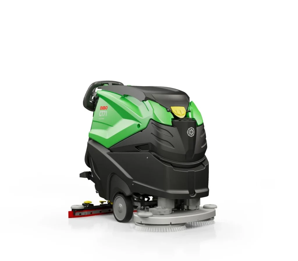 DiBo CT71 schrobmachine met twee schijfborstels en zuigmond, schuin van voren