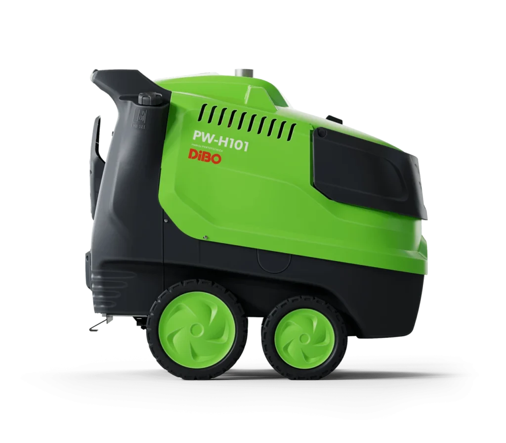 Zijaanzicht van de PW-H101 met vier wielen, de beschermkap en een pijp bovenop