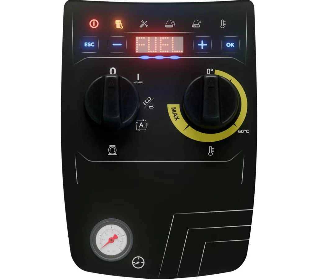 Bedieningspaneel van de PW-H101+ AUTOMATIC met display, keuzeschakelaar met de standen MANUAL, ECO en A, en een manometer