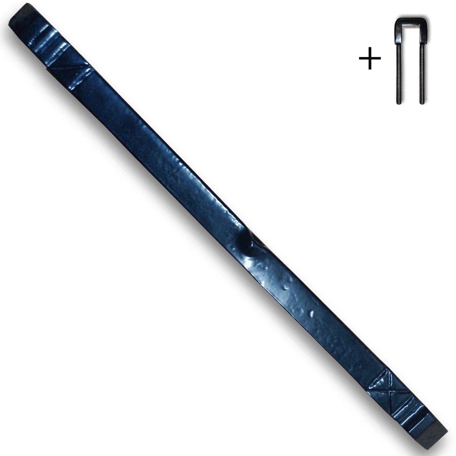 Een lange, donkerblauwe/zwarte, rechthoekige metalen staaf, waarschijnlijk een ambachtelijk gesmeed muuranker van 20x400mm, met een glanzend oppervlak. Rechtsboven is een plus-teken te zien naast een U-vormige zwarte bout met schroefdraad.