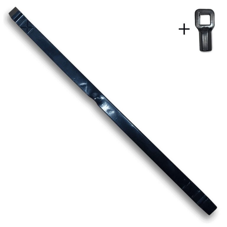 Hoofdaanzicht van een langwerpig, zwart gecoat muuranker met een sleutel met vierkant gat en een plus-icoon rechtsboven.