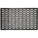 Bovenaanzicht van een zwart, rechthoekig gietijzeren rooster met een decoratief open patroon van in elkaar grijpende cirkelvormige en strikachtige elementen.