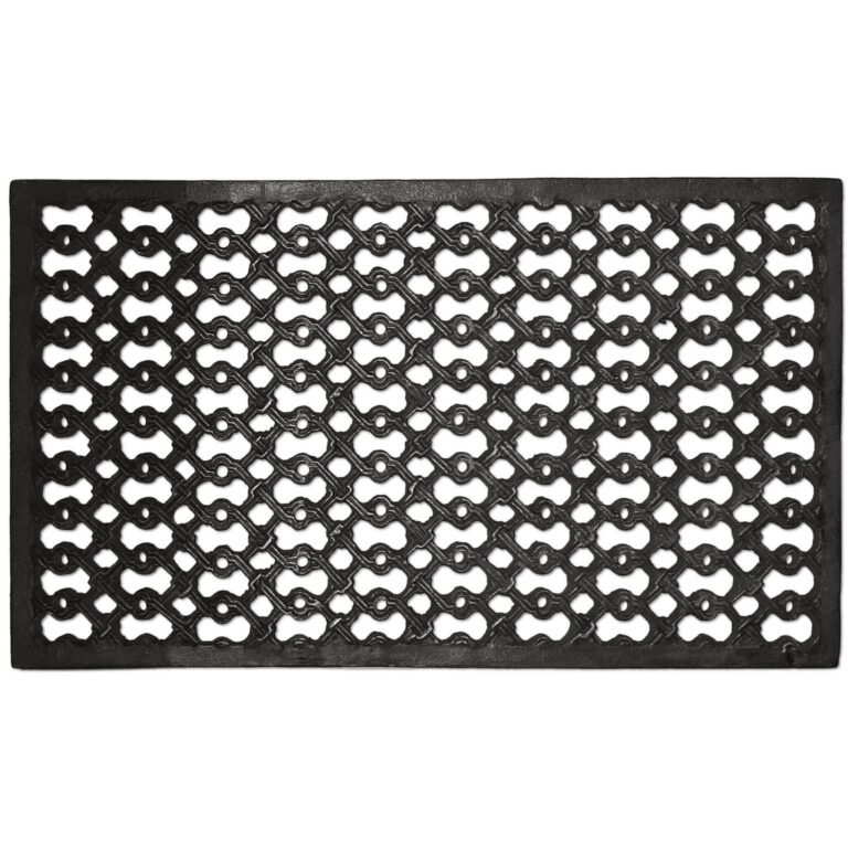 Bovenaanzicht van een zwart, rechthoekig gietijzeren rooster met een decoratief open patroon van in elkaar grijpende cirkelvormige en strikachtige elementen.