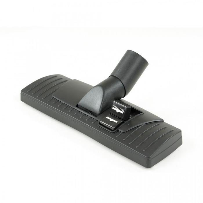 Detailopname van de linkerbovenzijde van de zwarte Dibo Combitool stofzuigermond, met de textuur van het oppervlak en de borstelstandknop.