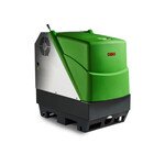 Dibo JMB-E 200/15 DE industriële hogedrukreiniger, gezien vanaf de linker voorkant. Het apparaat heeft een groene kap met rood 'DIBO' logo, een zilverkleurige metalen zijkant met een rond ventilatierooster en een gele waarschuwingsdriehoek, en een zwarte basis.