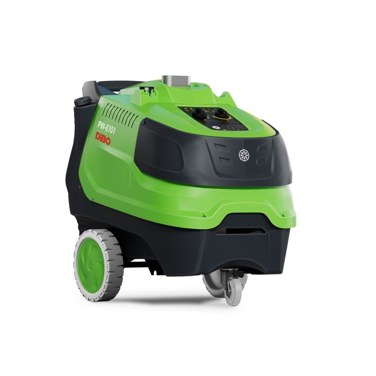 Een DiBO PW-E101 170/12 hogedrukreiniger in groen en zwart, van voren gezien, op een witte achtergrond.