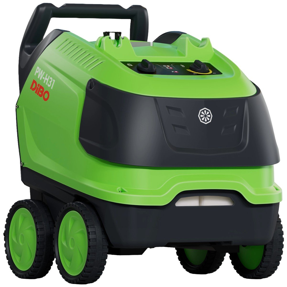 Een groene en zwarte DiBO PW-H31 warmwater hogedrukreiniger met acht groene wielen, gezien van voren en lichtelijk van rechtsboven.