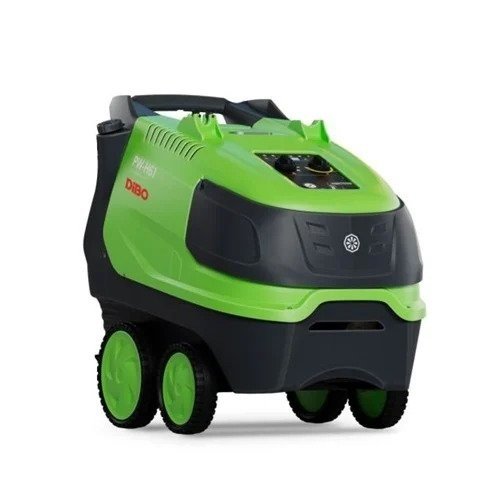 Groene en donkergrijze Dibo PW-H61 180/13 hogedrukreiniger, gezien vanaf de voorzijde met vier groene wielen.