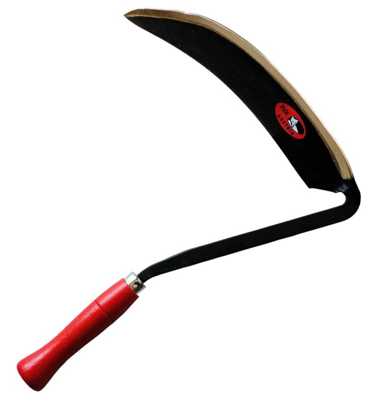 Rode handzeis met zwart blad en gouden rand, en een rood handvat, merk "FUX AUSTRIA" zichtbaar.