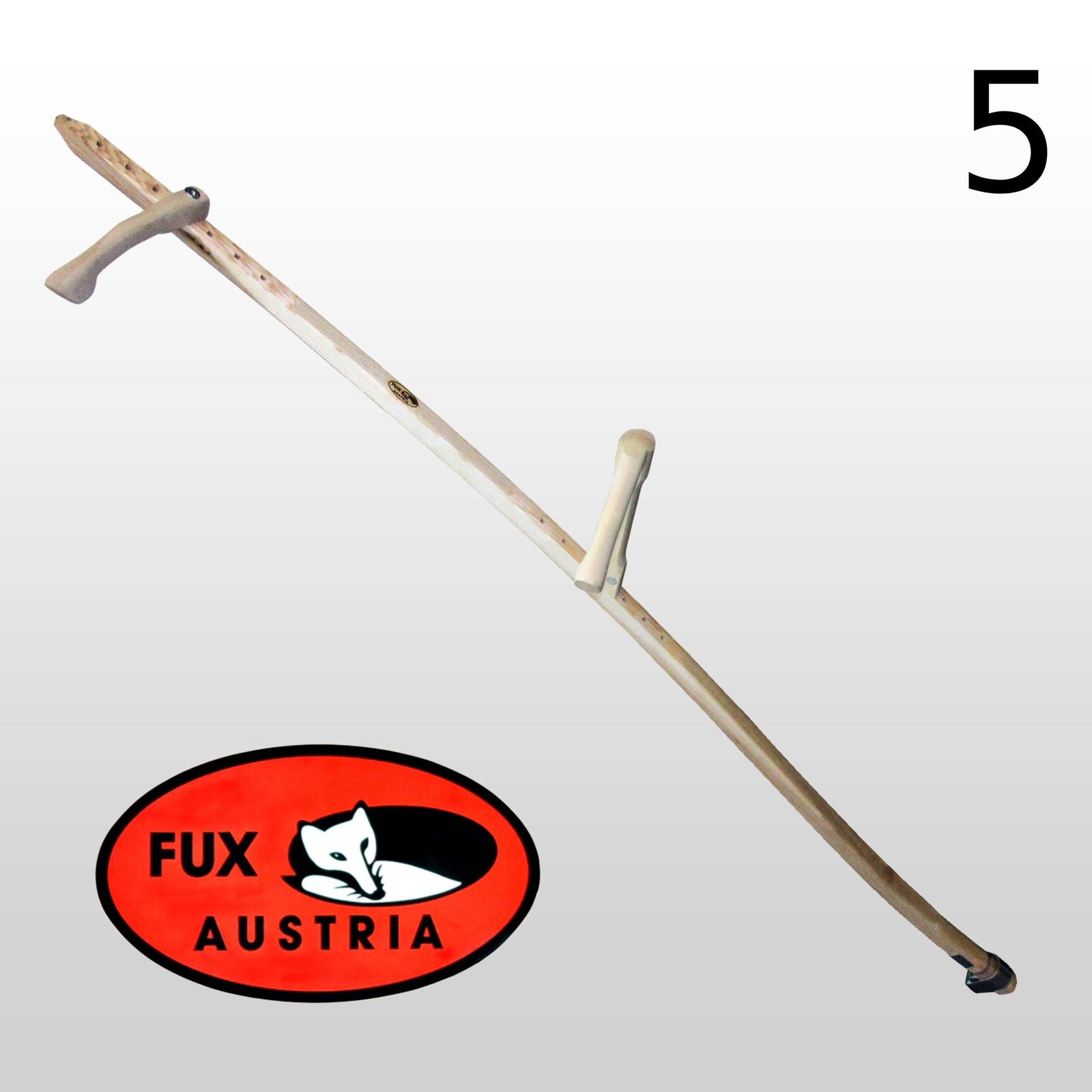 Een Fux houten zeisboom van 180 cm met twee handvatten, schuin gepositioneerd op een lichte achtergrond. In de rechterbovenhoek staat het cijfer '5' en linksonder is een rood ovaal logo met 'FUX AUSTRIA' en een witte vos te zien.