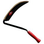 Een Fux linkshandige handzeis met een 32 cm zwart blad en gouden rand, en een rood houten handvat, tegen een witte achtergrond. Het Fux Austria logo is zichtbaar op het blad.