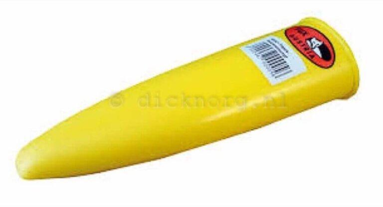 Gele, taps toelopende plastic wetsteenhouder met een label waarop 'FUX AUSTRIA' en een hondenlogo staan.