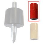 Een slijptool met een grijze basis en puntige onderkant, samen met een rode slaghuls (gemarkeerd in rood kader) en een beige slaghuls.