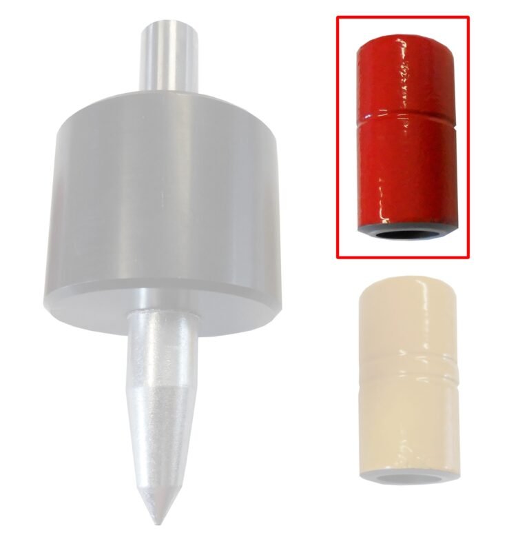 Een slijptool met een grijze basis en puntige onderkant, samen met een rode slaghuls (gemarkeerd in rood kader) en een beige slaghuls.