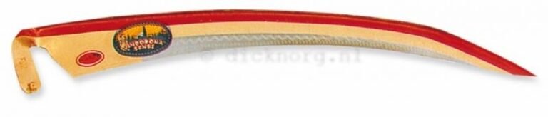 Hoofdaanzicht van een 70cm Fux Vindobona zeisblad voor linkshandigen, met een rood-beige gekleurde rug, een zilveren gekartelde snede en een ovaal etiket met 'VINDOBONA SENSE'.