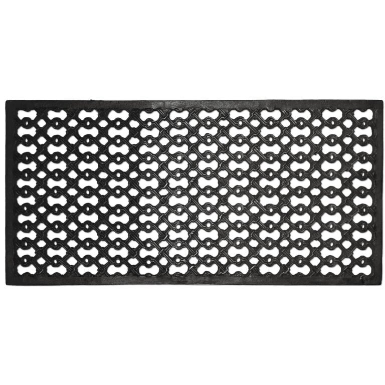 Een rechthoekig, zwart gietijzeren rooster met een decoratief, open patroon van onderling verbonden cirkels en ovalen, ontworpen voor ventilatie.