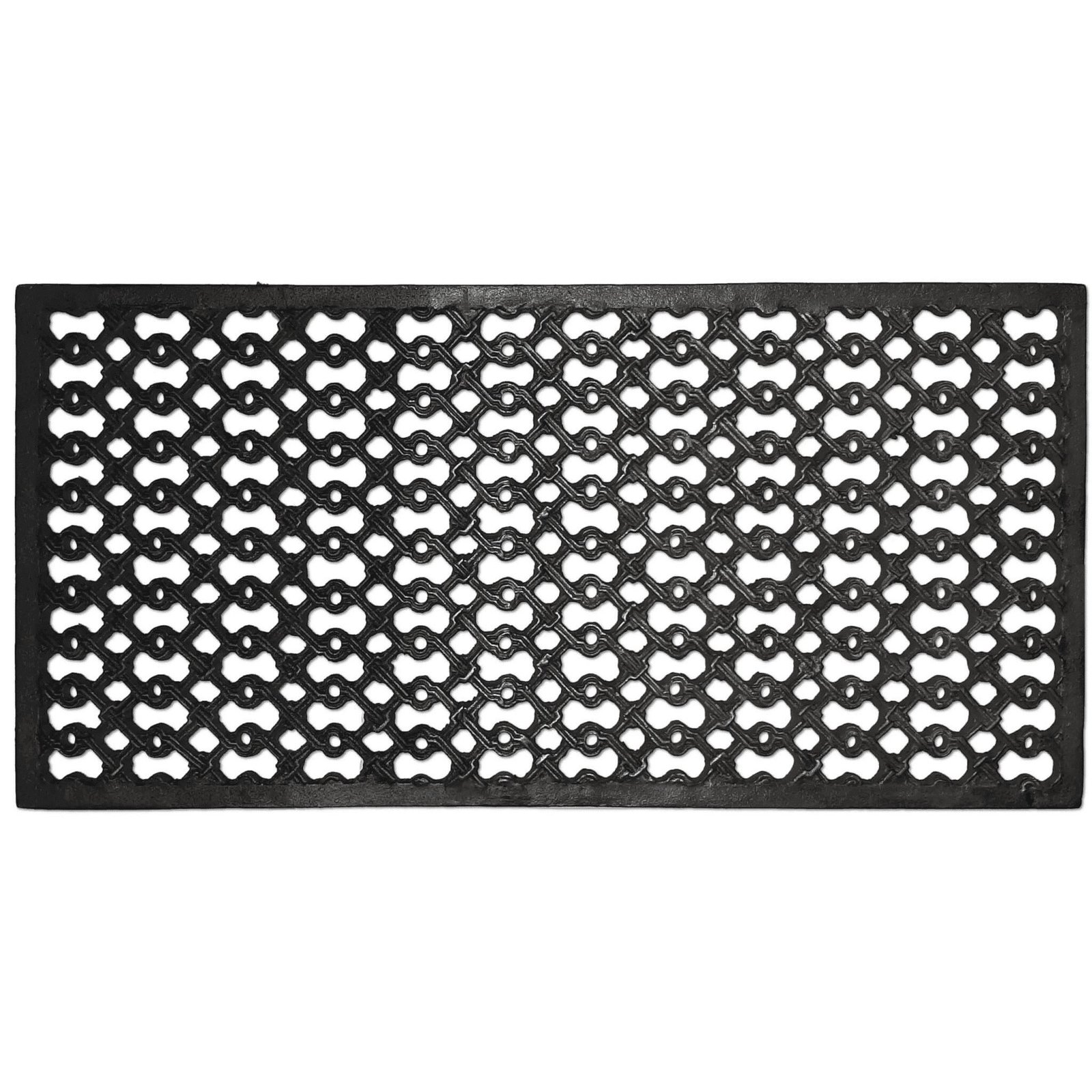 Een rechthoekig, zwart gietijzeren rooster met een decoratief, open patroon van onderling verbonden cirkels en ovalen, ontworpen voor ventilatie.