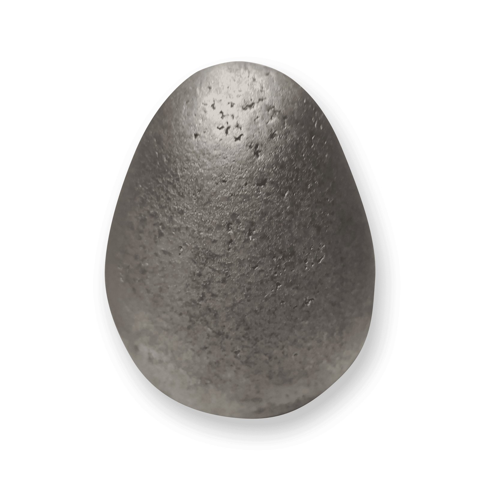 Een gietijzeren eivormige eindbol voor hekwerk, met een donkergrijze, gestructureerde oppervlakte.