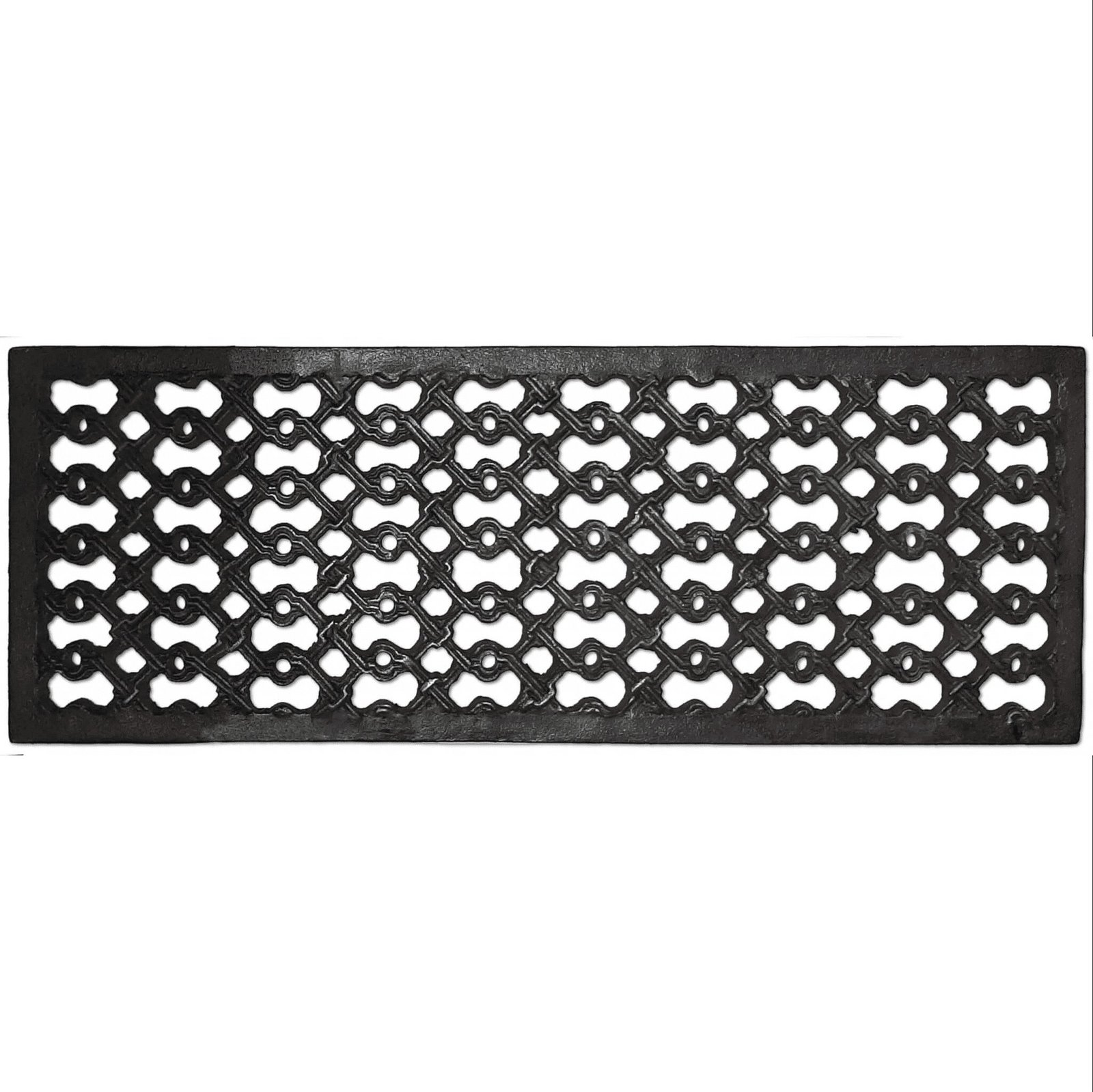 Rechthoekig zwart gietijzeren rooster met een open, decoratief patroon van in elkaar grijpende cirkels en lussen, afgebeeld op een witte achtergrond.