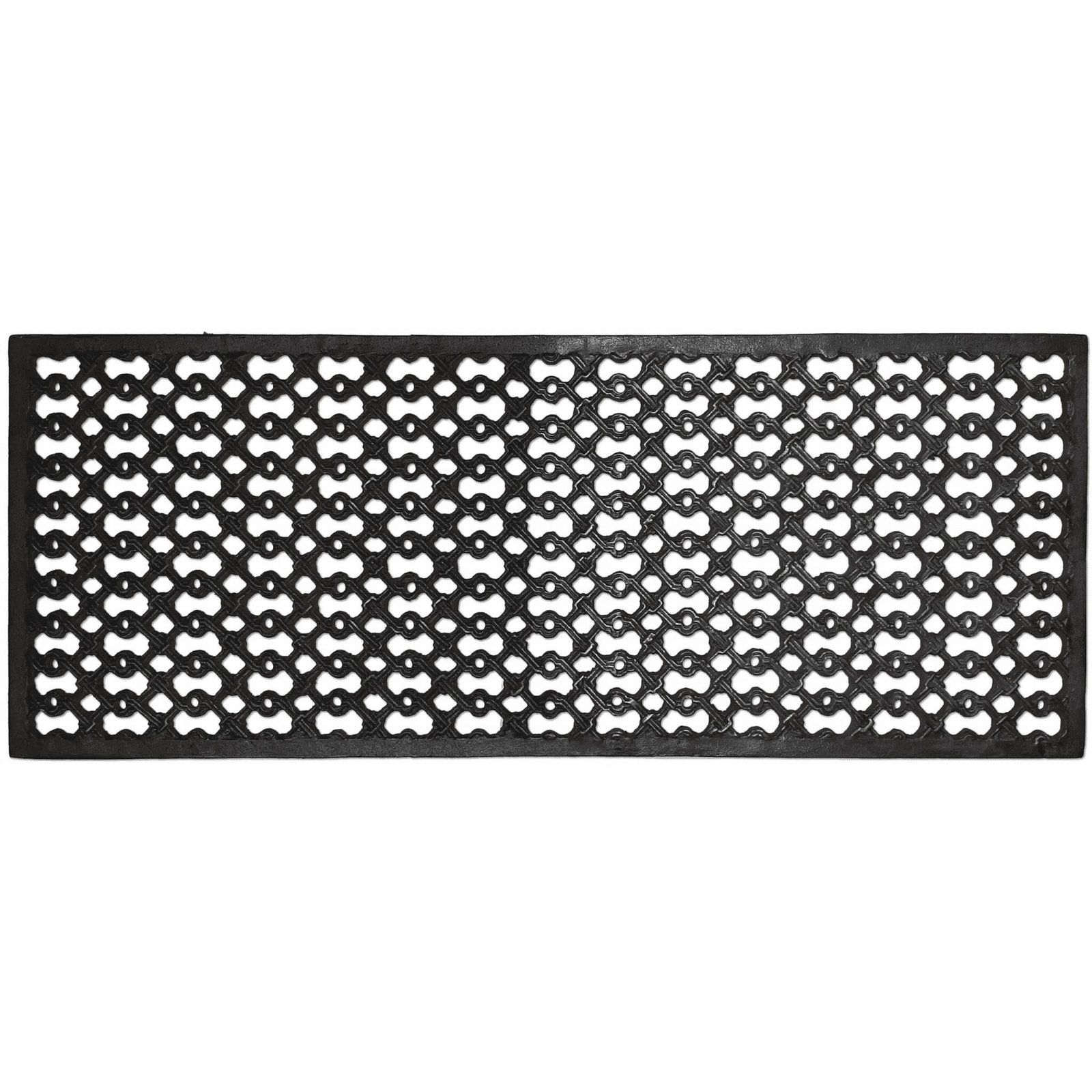 Zwart gietijzeren rooster met een decoratief, open patroon van aan elkaar geschakelde ovale en ronde vormen, liggend op een witte achtergrond.