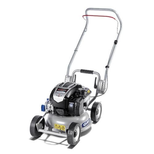 Een zilverkleurige en zwarte Grin HM 37 benzine gazonmaaier, gezien vanaf de rechtervoorkant.