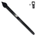 Een lange, zwarte, gesmede decoratieve muurbeugel met een puntig bladachtig uiteinde en diagonale markeringen, samen met een klein zwart vierkant bevestigingsstuk.