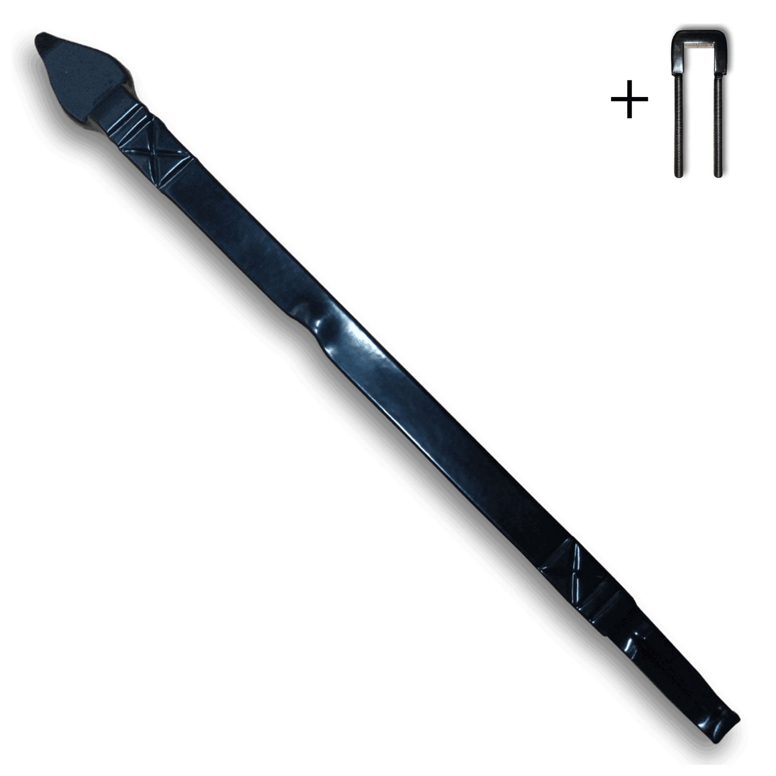 Hoofdaanzicht van een zwart gecoat, handgesmeed sier muuranker met puntige top en decoratieve details, naast een zwarte U-bout met schroefdraad.