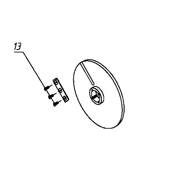 Een technische tekening van een ronde schijf met een set van drie bouten en een plaatje, gelabeld als 13.