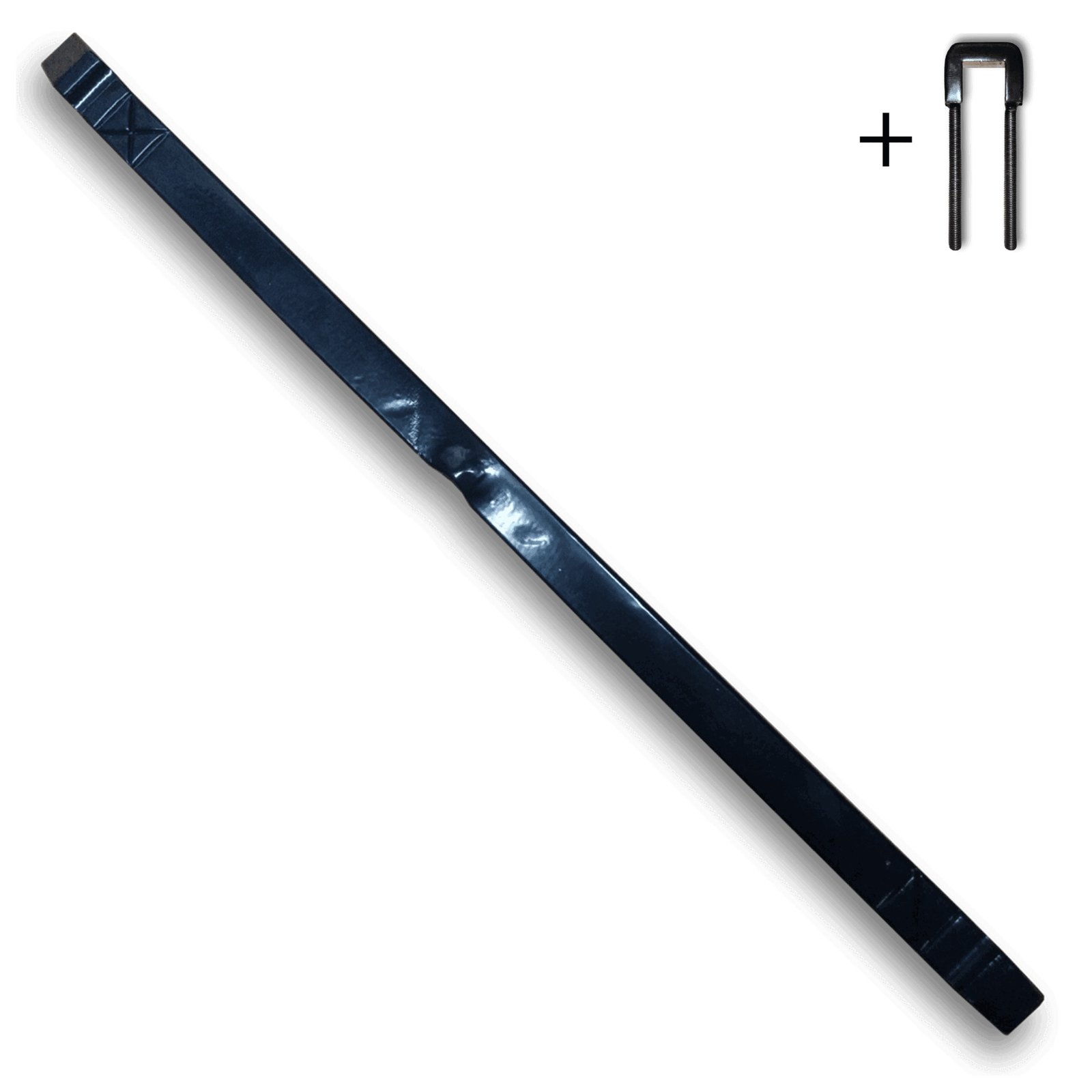 MAS.20500.1 Handgesmeed Muuranker, variant Sier. Een lange, donkere, handgesmede muuranker met een U-vormige beugel ernaast, weergegeven op een witte achtergrond.