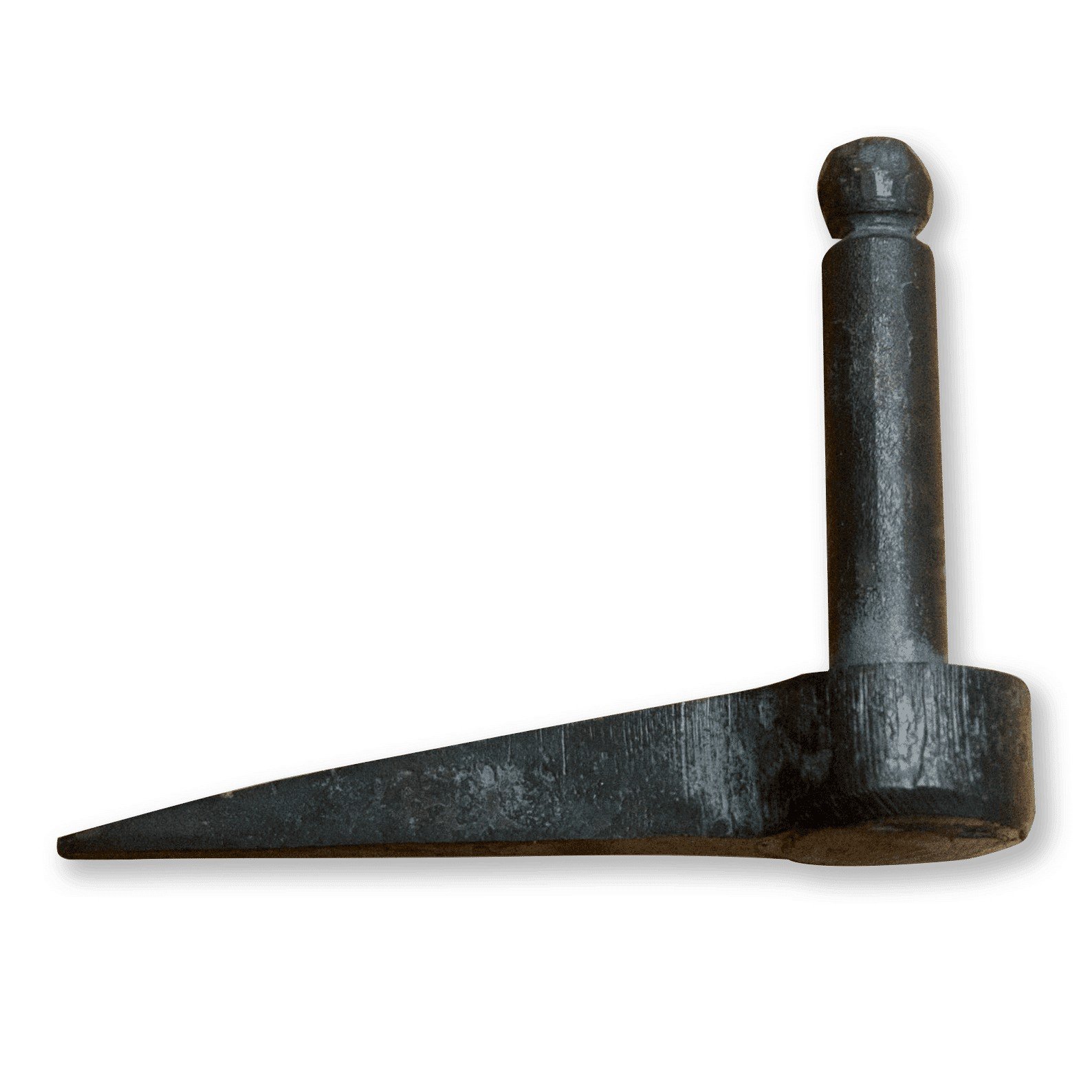 Zwarte metalen scharnierduim met bolkop en een taps toelopende, platte arm, gefotografeerd tegen een witte achtergrond.