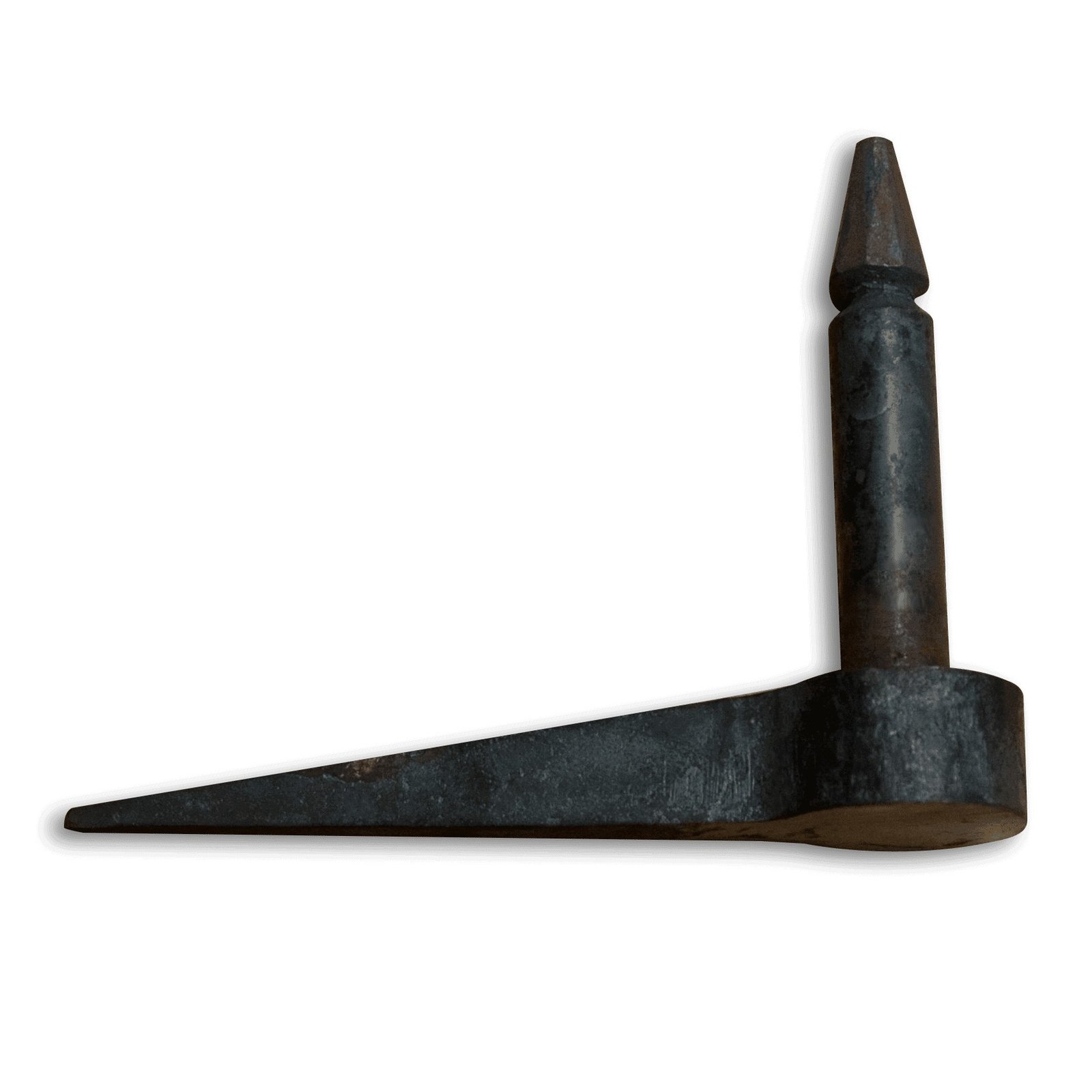 Hoofdaanzicht van een donkergrijze, L-vormige scharnierduim met een puntige, perenhoofdvormige stift, ge RVSoleerd op een witte achtergrond.