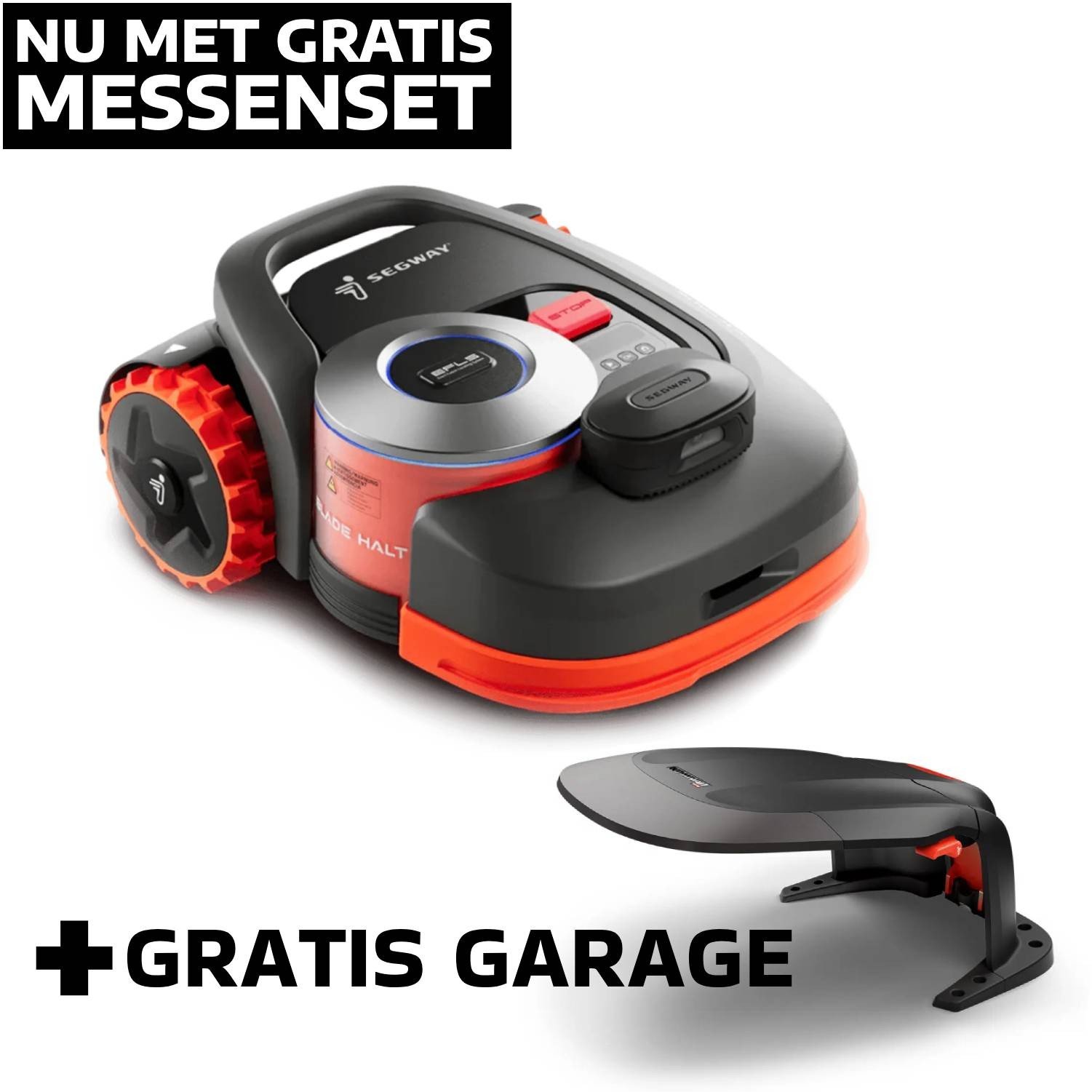 De Segway Navimow H3000E-VF robotmaaier in grijs en oranje, met een zwarte garage en de tekst "NU MET GRATIS MESSENSET" en "+GRATIS GARAGE".