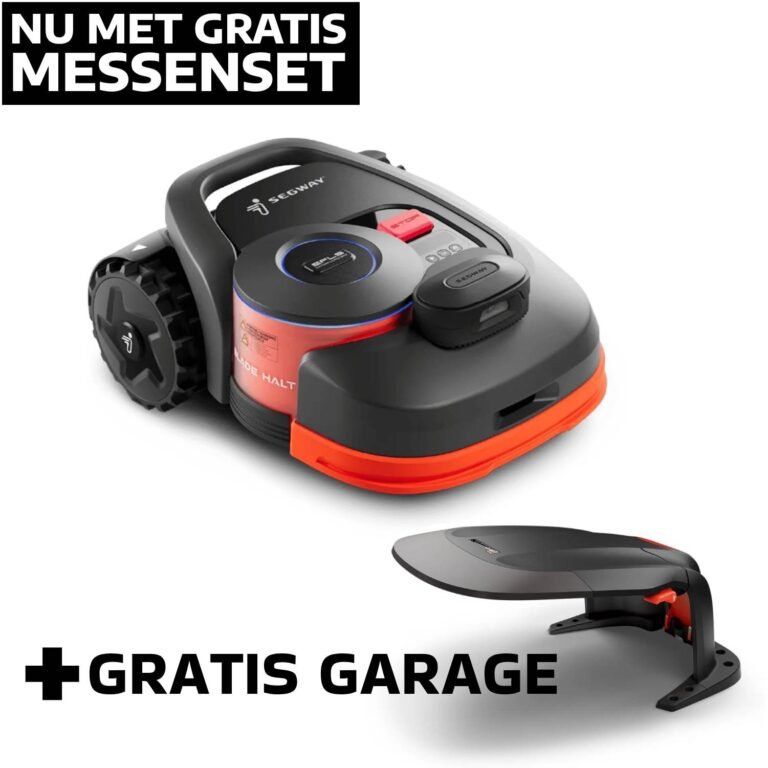 Een Segway Navimow H800E-VF robotmaaier in grijs en oranje, samen met een zwarte bijpassende garage. De afbeelding toont ook de tekst 'NU MET GRATIS MESSENSET' en '+GRATIS GARAGE'.