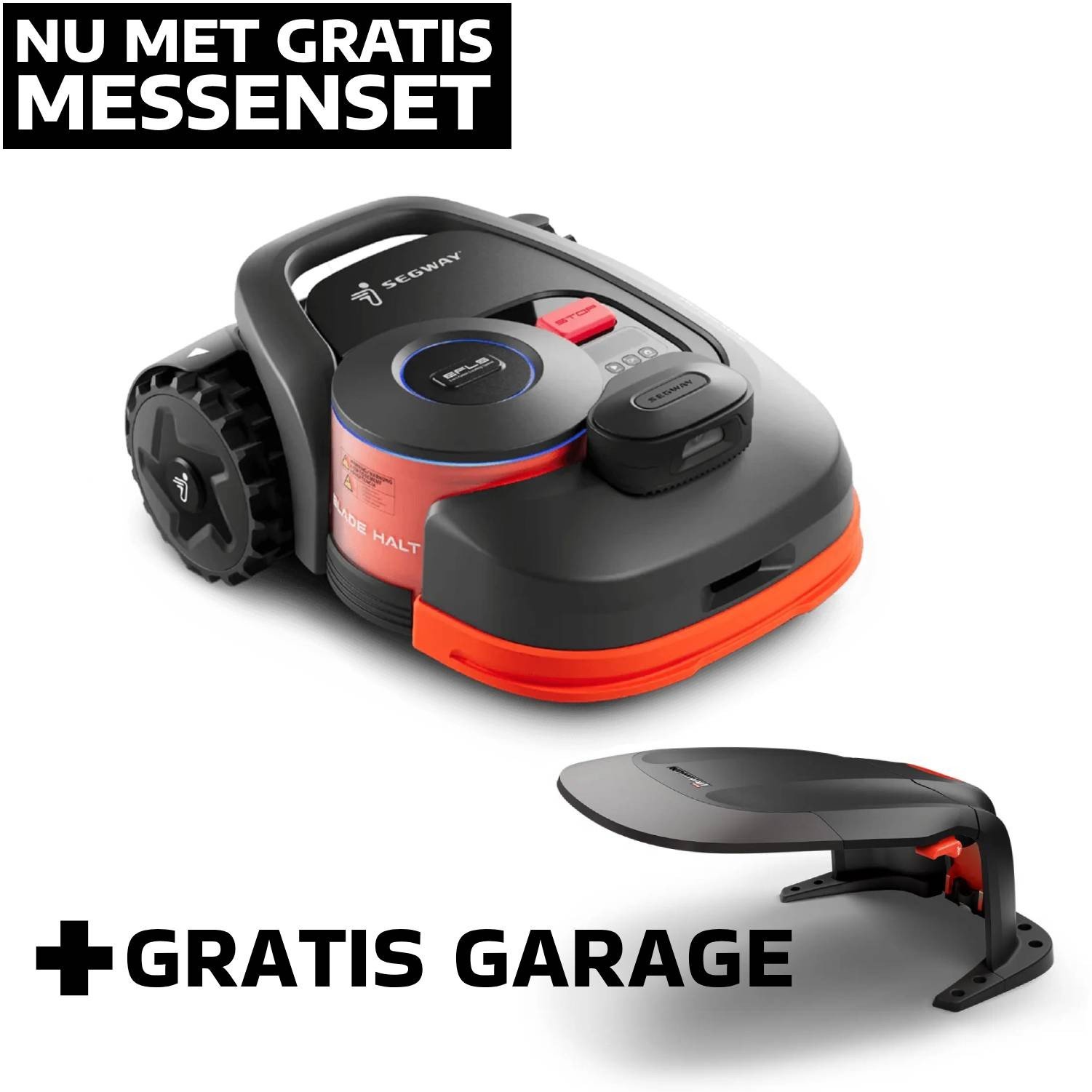 Een Segway Navimow H800E-VF robotmaaier in grijs en oranje, samen met een zwarte bijpassende garage. De afbeelding toont ook de tekst 'NU MET GRATIS MESSENSET' en '+GRATIS GARAGE'.
