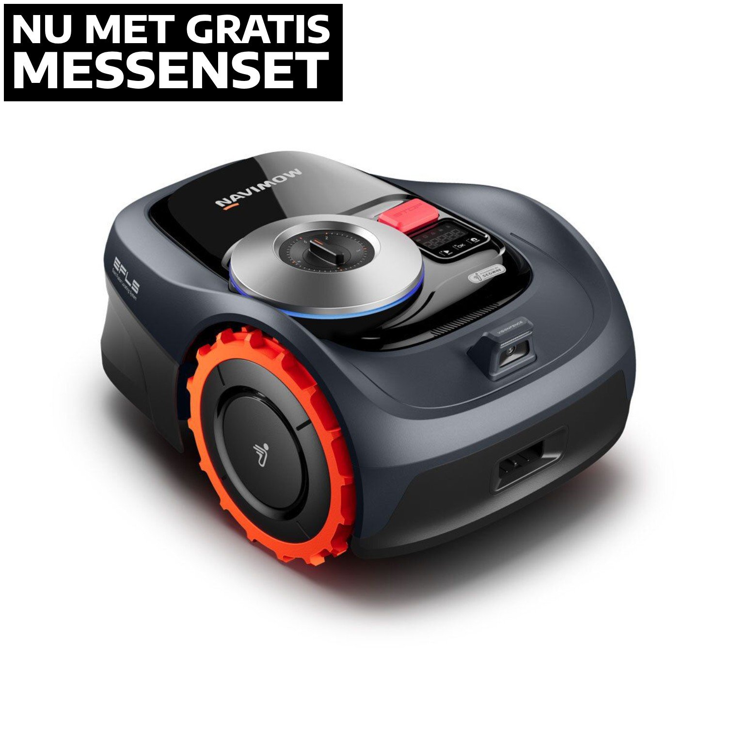 Een donkergrijze Segway Navimow robotmaaier met oranje wielen en een bedieningspaneel. Op de afbeelding staat 'NU MET GRATIS MESSENSET'.