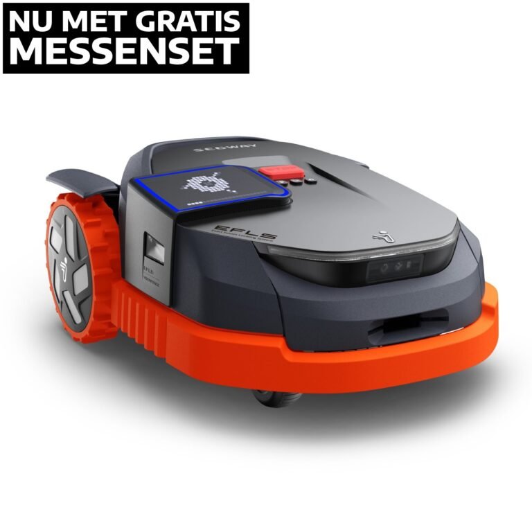 Segway Navimow X315 robotmaaier, grijs en oranje, met de tekst "NU MET GRATIS MESSENSET" bovenaan.