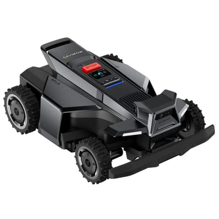 Zijaanzicht van de Segway Navimow X450 robotmaaier in grijs en zwart op een witte achtergrond, met de 'STOP' knop en het 'NAVIMOW' logo duidelijk zichtbaar.