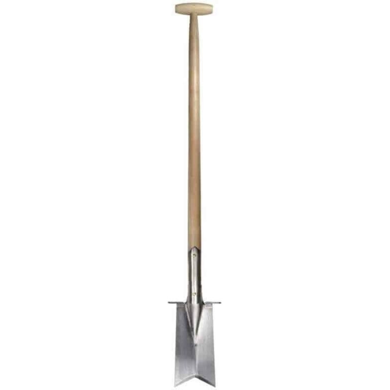 SNEEBOER Verplantspade met Steps, volledig zichtbaar, met een lange houten steel en een zilverkleurig metalen blad met staptreden aan de zijkanten.