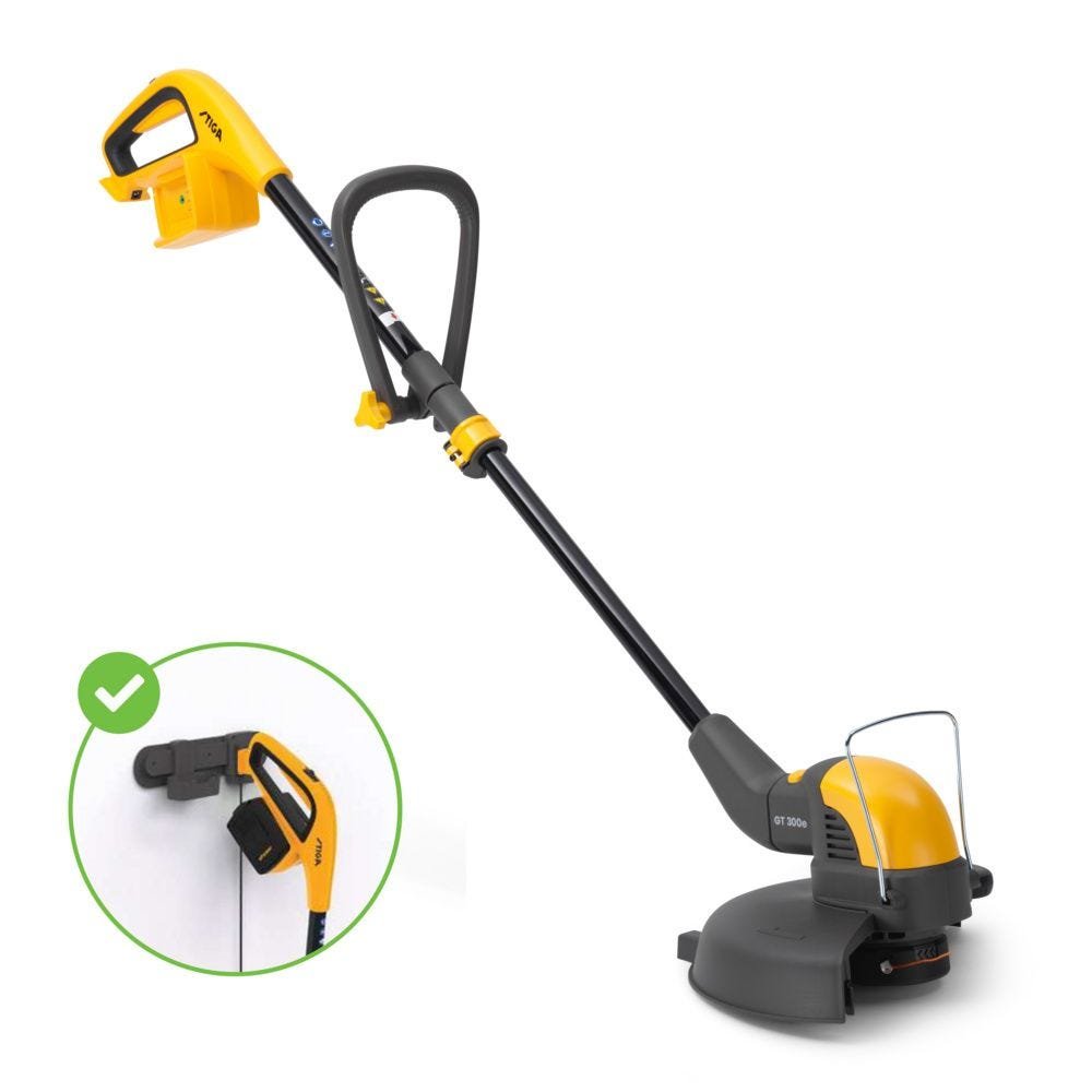 Schuin vooraanzicht van de Stiga GT 300e accugrastrimmer.