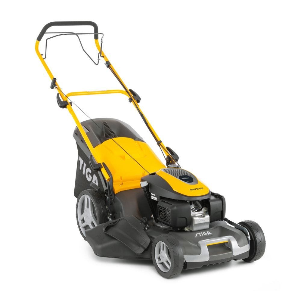 Stiga Combi 55 SQ H benzine grasmaaier in geel en zwart vooraanzicht.