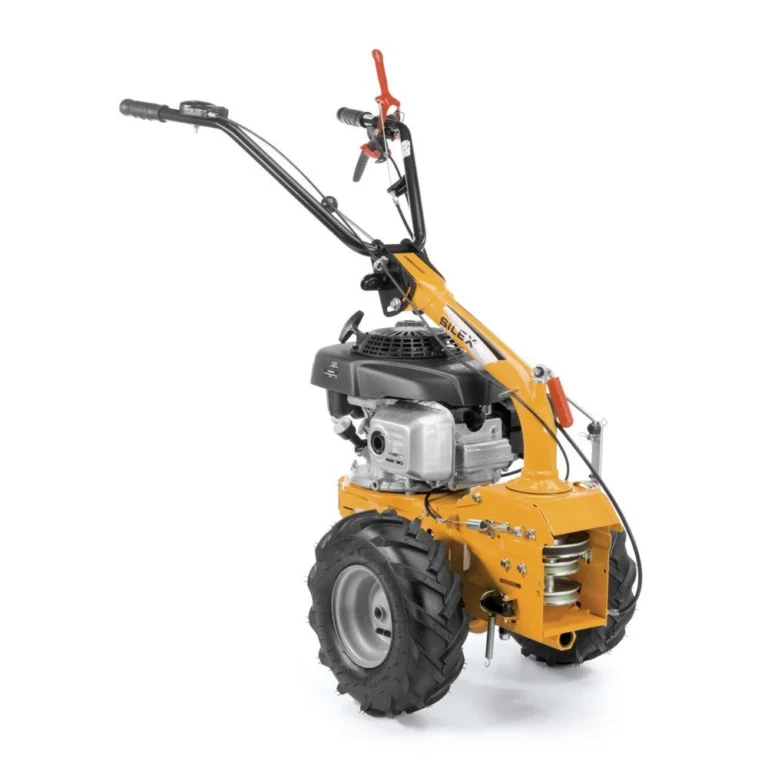 Driekwart vooraanzicht van de Stiga Silex 95 tweewielige tractor op een witte achtergrond.