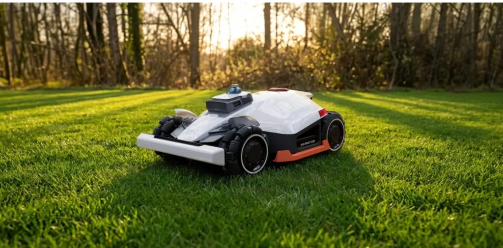 Robotmaaier op een gazon in de late middagzon